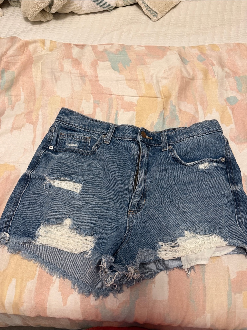 Distressed Mid-Rise Blue Denim Jean Shorts - Women